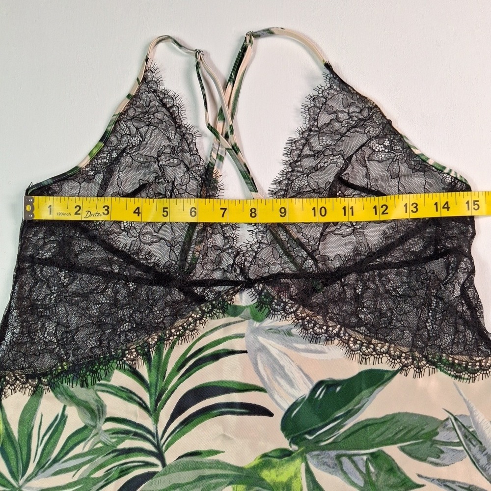Victorias Secret Tropical Palm Leaf Lace Trim Slip Dress Chemise Green Black L - Picture 6 of 10